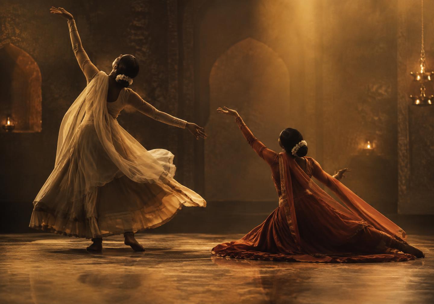 Two dancers in a poetic duet under golden stage light
