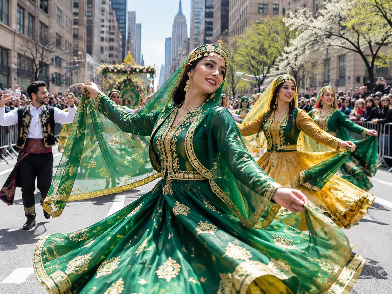Dancers in green and gold traditional Persian dress twirling along a city avenue