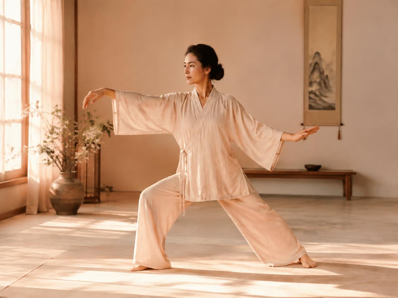 Woman practicing a slow flowing Tai Chi posture in a softly lit studio