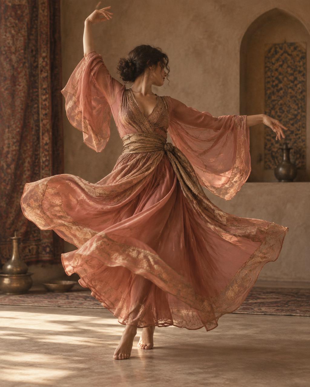 Dancer turning in flowing rose and gold silk